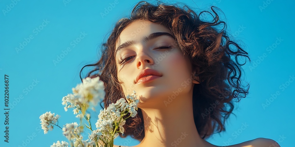 Woman with curly hair smelling white flowers against blue sky Woman with curly hair smelling white flowers against blue sky