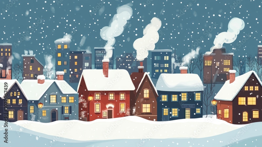 Cozy winter village under a starry sky with snow-covered rooftops and glowing windows, smoke rising from chimneys, creating a festive and warm atmosphere for merry christmas and happy new year ai Cozy winter village under a starry sky with snow-covered rooftops and glowing windows, smoke rising from chimneys, creating a festive and warm atmosphere for merry christmas and happy new year ai