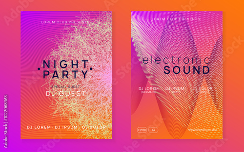 Dj Magazine. Violet Party Set. Techno Concert Graphic. Psychedelic Beat Illustration. Festival Cover. Pink Dance Design. Night Club Poster. Blue Dj Magazine