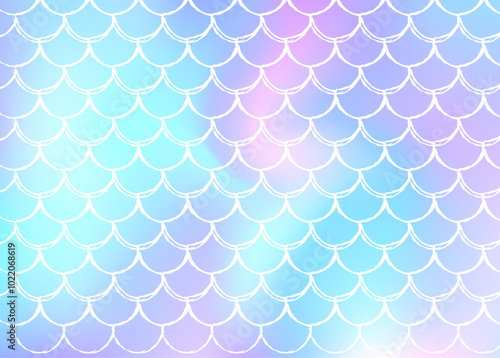 Holographic scale background with gradient mermaid. Bright color transitions. Fish tail banner and invitation. Underwater and sea pattern for girlie party. Bright backdrop with holographic scale.