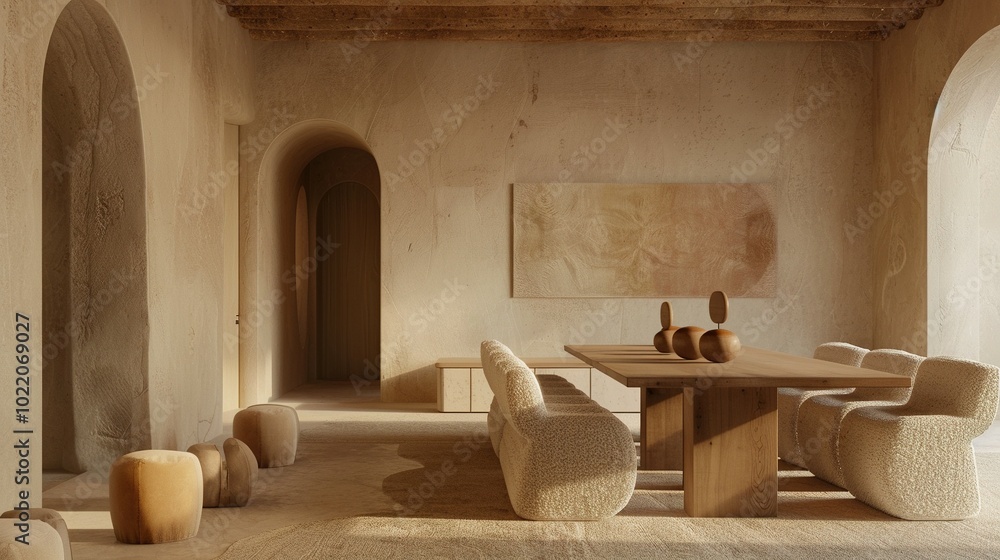 Modern Minimalist Living Room with Earthy Tones and Arched Doorways Modern Minimalist Living Room with Earthy Tones and Arched Doorways