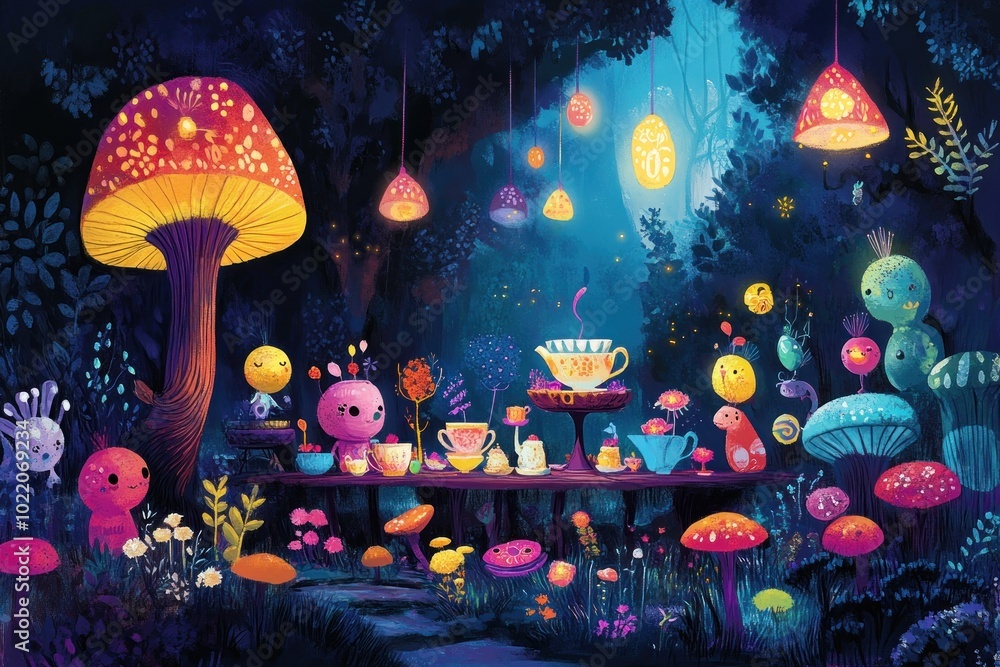 Fototapeta premium A whimsical forest tea party with glowing mushrooms, fairy lights, and adorable creatures gathered around a table set with teacups, teapot, and cakes.