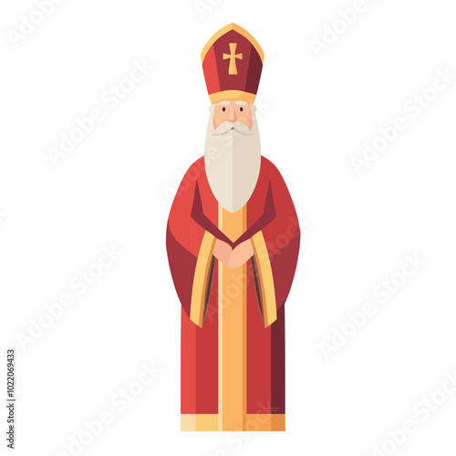 Saint Nicholas, Sinterklaas vector illustration. Old man bishop with beard, mitre, red coat isolated on transparent background. Flat design vector illustration clipart. Czech, Slovak, Dutch tradition.
