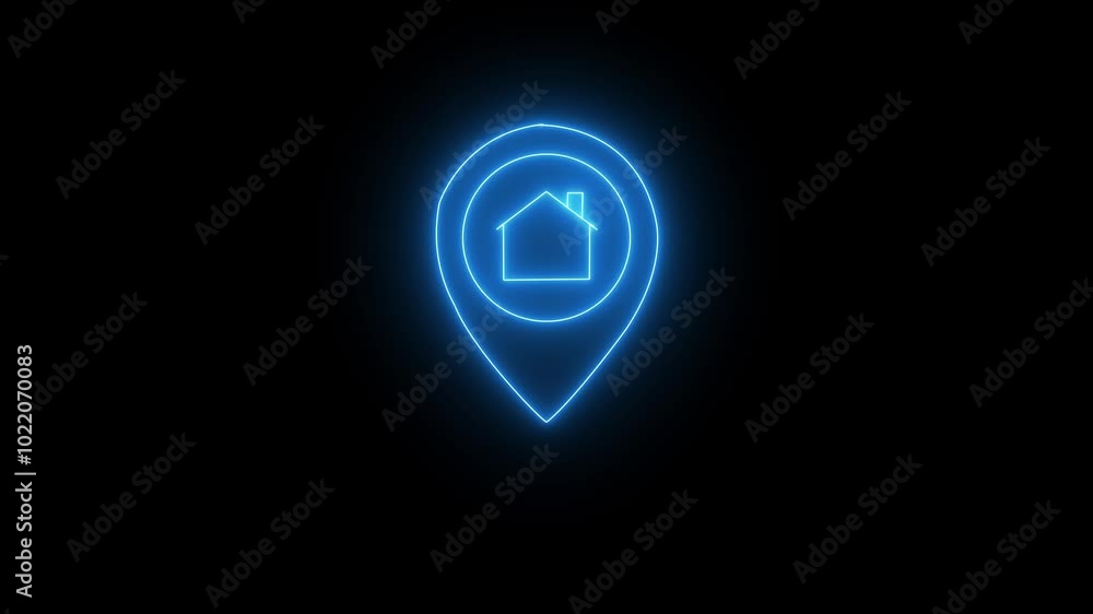 Glowing neon location in home icon. GPS track address, place search and direction icon. map pointer with house icon. Glowing neon location in home icon. GPS track address, place search and direction icon. map pointer with house icon.