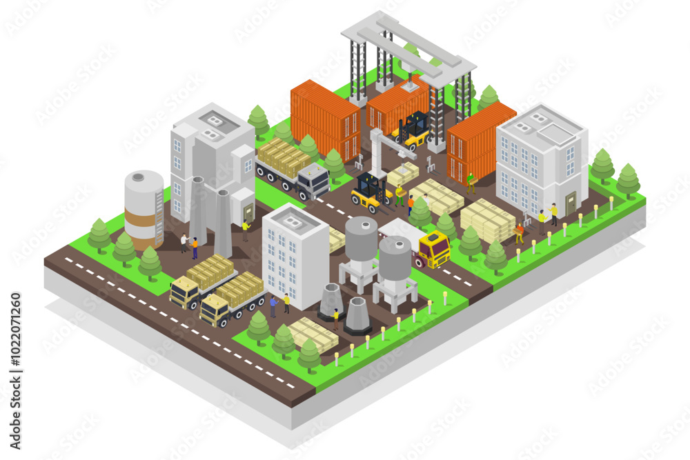 Isometric factory and warehouse with crane Isometric factory and warehouse with crane