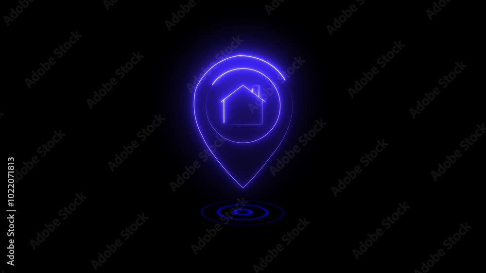 Glowing neon location in home icon. GPS track address, place search and direction icon. map pointer with house icon. Glowing neon location in home icon. GPS track address, place search and direction icon. map pointer with house icon.