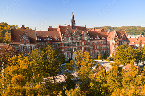Bright morning near university with a beautiful park. Studying in old historical building