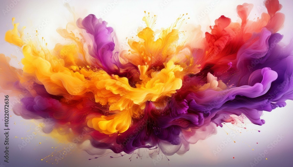 Abstract Explosion of Colorful Smoke in Yellow, Red, and Purple on White Background Abstract Explosion of Colorful Smoke in Yellow, Red, and Purple on White Background