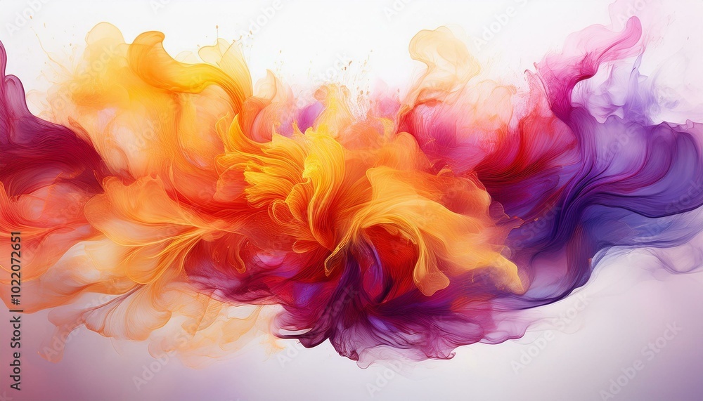Abstract Explosion of Colorful Smoke in Yellow, Red, and Purple on White Background Abstract Explosion of Colorful Smoke in Yellow, Red, and Purple on White Background