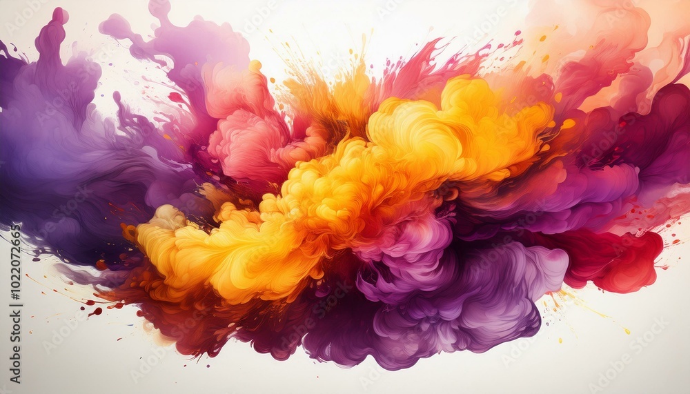 Fototapeta premium Abstract Explosion of Colorful Smoke in Yellow, Red, and Purple on White Background