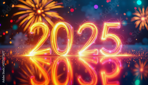 Bright 2025 numbers glowing with sparklers and fireworks in the background, symbolizing New Year's Eve celebration.