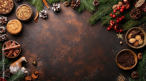 Fototapeta Naklejka Na Ścianę i Meble -  Festive christmas and new year background with cookies, nuts, pine cones, cinnamon, and greenery on rustic surface, perfect for holiday celebrations ai