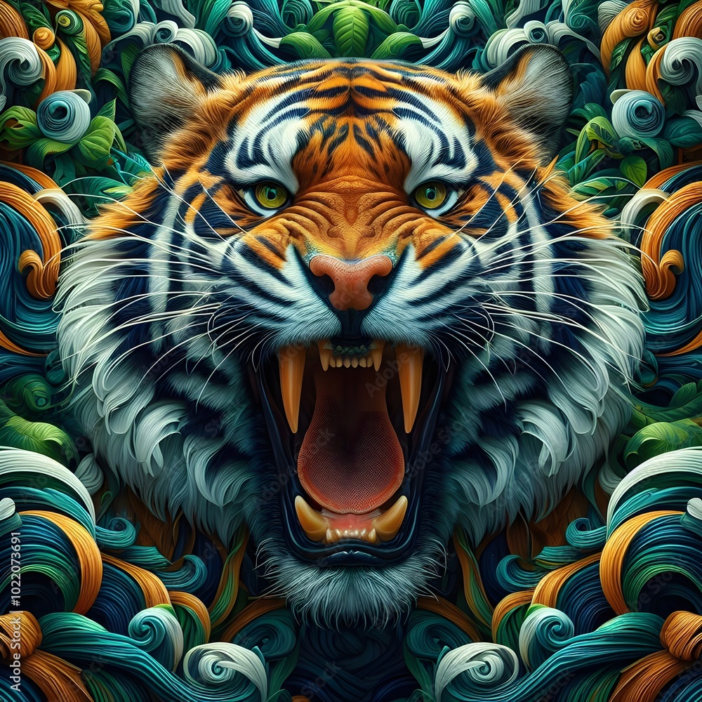 A ferocious, roaring tiger depicted in an abstract, intricate style ...