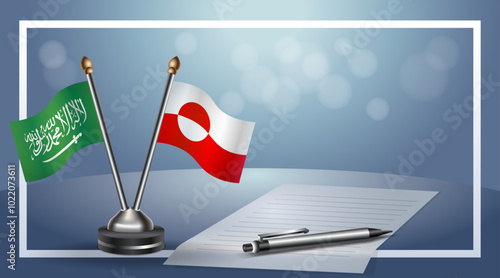 Saudi Arabia and Greenland Small national flag on bokeh background, cooperative relationship