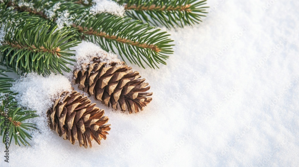 Snowy pine cones and evergreen branches on fresh snow, perfect winter scene for merry christmas and happy new year celebrations ai Snowy pine cones and evergreen branches on fresh snow, perfect winter scene for merry christmas and happy new year celebrations ai