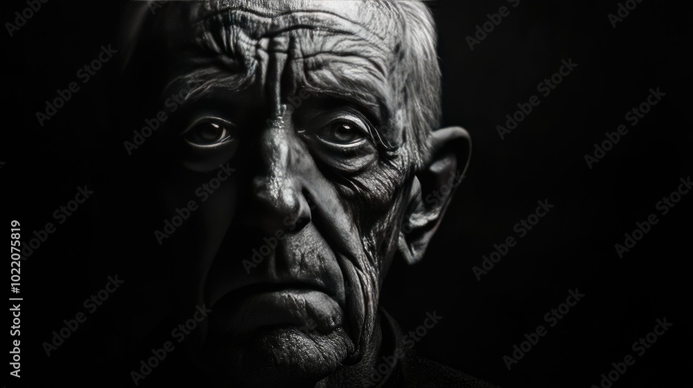 A black-and-white portrait of an elderly man with deep wrinkles, conveying emotion through shadows. A black-and-white portrait of an elderly man with deep wrinkles, conveying emotion through shadows.