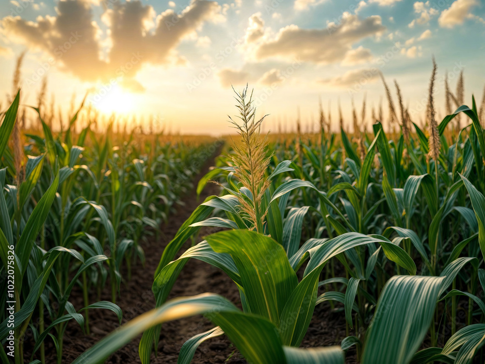 Fototapeta premium Agricultural Farming - Close-up of Neatly Plowed Corn with Young Cobs