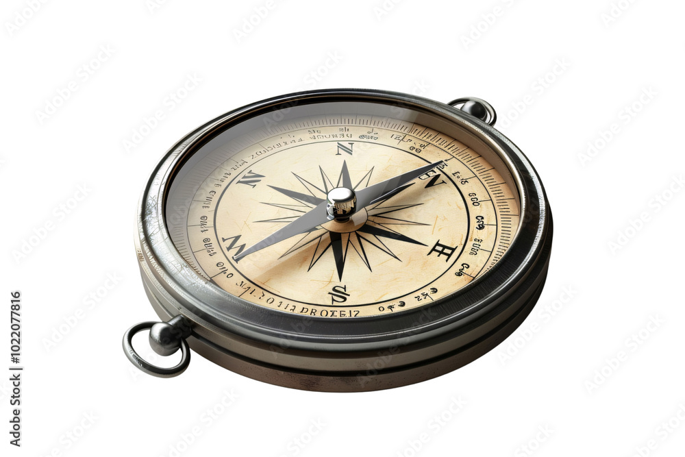 An antique compass with a black needle pointing north isolated on white background. Generative ai An antique compass with a black needle pointing north isolated on white background. Generative ai