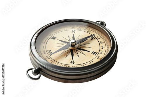 An antique compass with a black needle pointing north isolated on white background. Generative ai