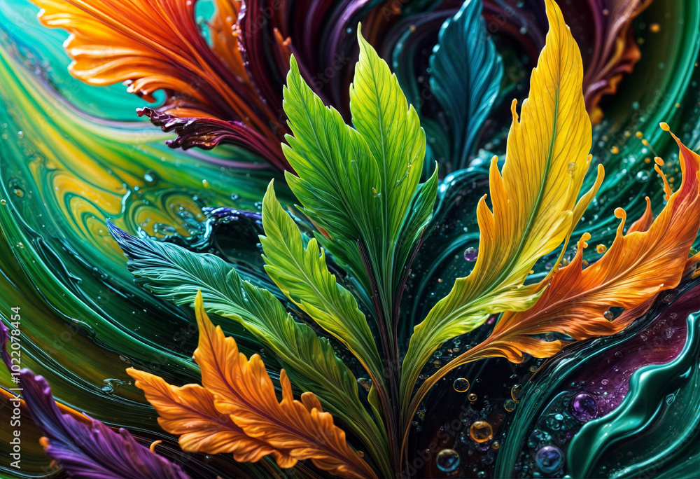 Unique Surreal 3D Multi Colored Leaves of New Life in Nature Mixed Art Painting Unique Surreal 3D Multi Colored Leaves of New Life in Nature Mixed Art Painting