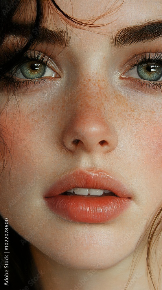 Fototapeta premium Close-Up Portrait of a Woman with Green Eyes and Freckles