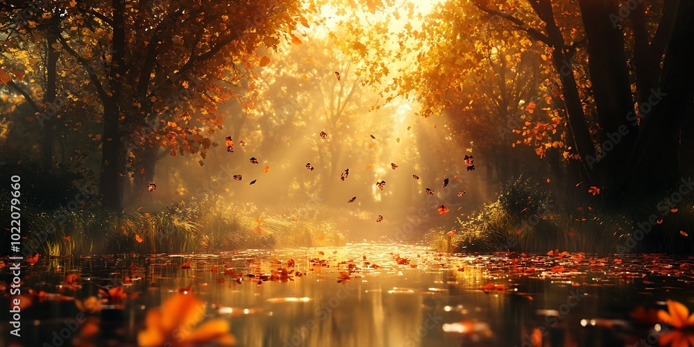 Autumn Forest River Sunlight Golden Leaves Fall Season Autumn Forest River Sunlight Golden Leaves Fall Season