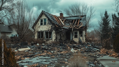 Destroyed house with burned roof and broken windows after natural disaster