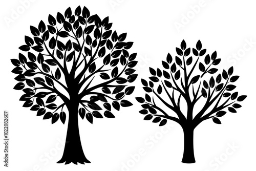 Tree with two types of small leaves in silhouette vector illustration