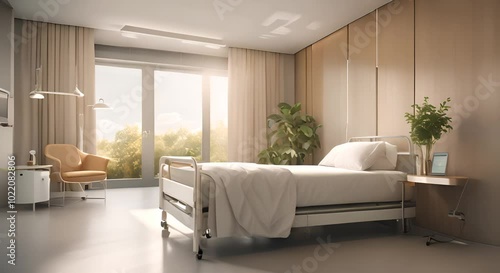 Comfortable hospital room with a modern bed and medical equipment bathed in natural light from a large window Inviting healthcare setting designed for patient reblank covery and well being 4k animatio photo