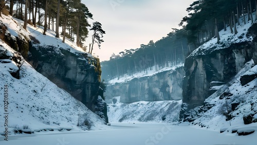 Snow-Covered Gorge with Pine Trees