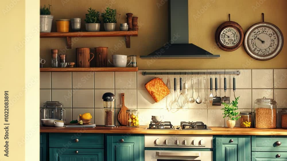 Bright kitchen with wooden shelves, utensils, and natural light, creating a cozy atmosphere. Bright kitchen with wooden shelves, utensils, and natural light, creating a cozy atmosphere.