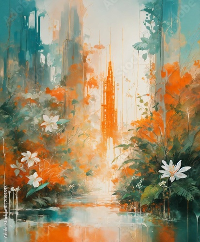 Fountain in autumn, AI generated