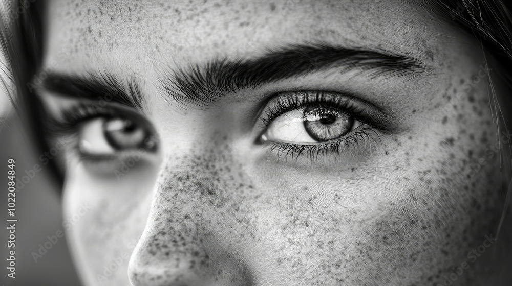 A close-up black-and-white portrait of a woman's face, with a strong focus on her eyes and expression. A close-up black-and-white portrait of a woman's face, with a strong focus on her eyes and expression.