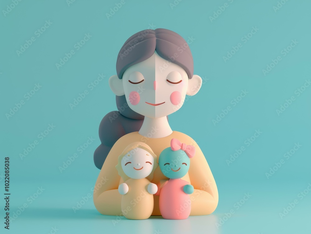 A happy mother holding two smiling children. AI. A happy mother holding two smiling children. AI.