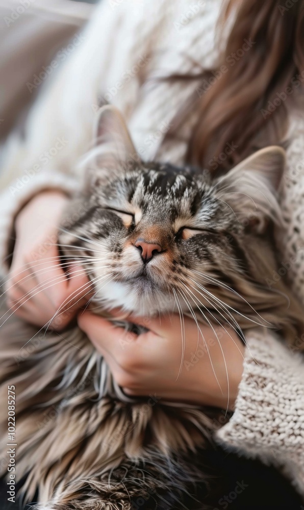A cat with its eyes closed is being held by a person. AI. A cat with its eyes closed is being held by a person. AI.