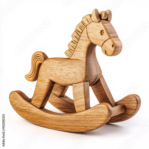 Handmade wooden rocking horse toy with simple design isolated on white photo