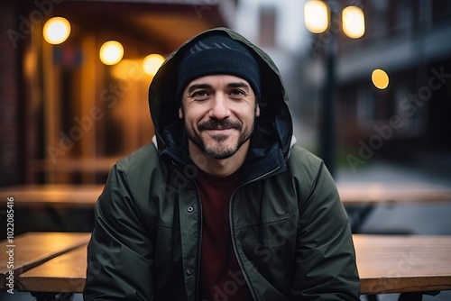 Portrait of a handsome man in a green jacket and a hat on the street