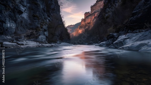 Serene Gorge at Sunrise with Warm Glow