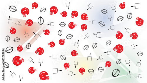  abstract background with ball rugby and helmet rugby make doodle pattern with RGB color , suitable for  sport background and american football background