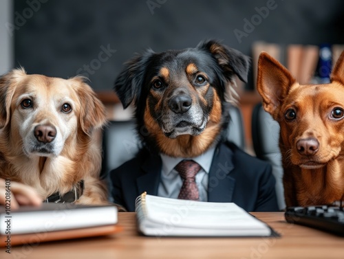 Three dogs dressed in suits, sitting attentively at a meeting table, with a notebook and a pen on the table, capturing a humorous office scene. photo