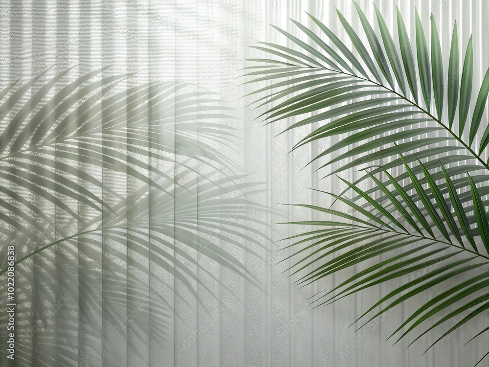Green palm with reeded glass. Plant leaves. Ribbed Background. Abstract illustration on clean panel for modern beauty design. White Reeded Glass. Beautiful summer decor with luxury concept. Green palm with reeded glass. Plant leaves. Ribbed Background. Abstract illustration on clean panel for modern beauty design. White Reeded Glass. Beautiful summer decor with luxury concept.