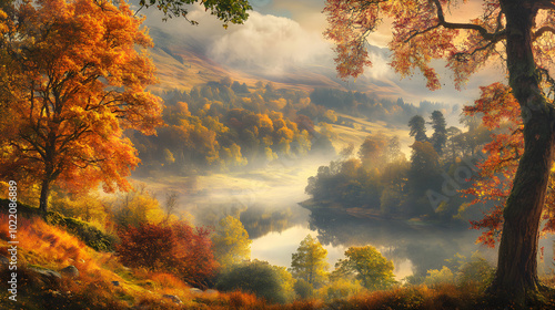 Early morning mist over a quiet autumn landscape with vibrant trees