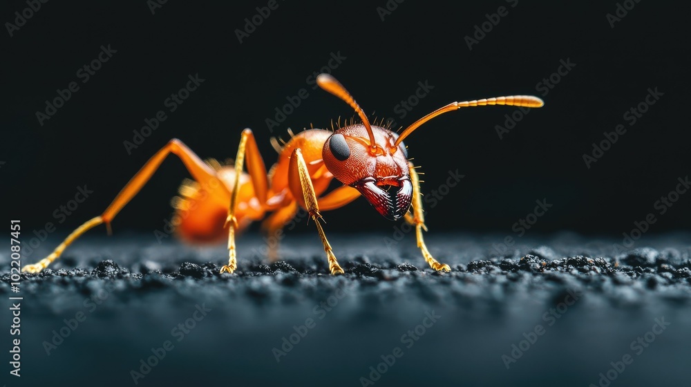 A close-up of an ant crawling across a solid black background, highlighting its intricate body.