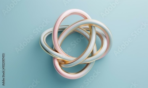 Intertwined rings in pink, blue, and gold. AI.