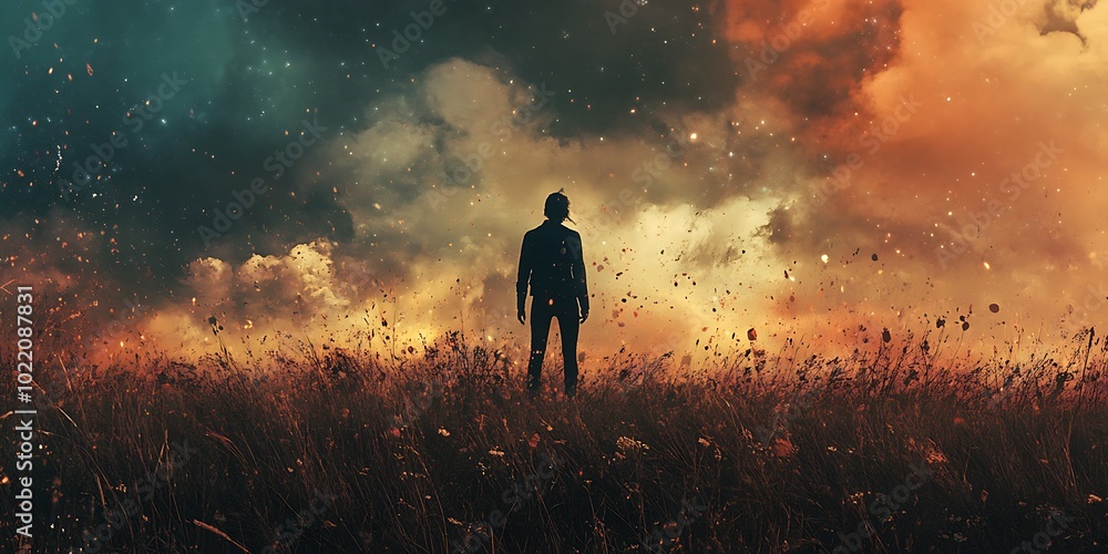Fototapeta premium Silhouette of a man standing in a field with apocalyptic background