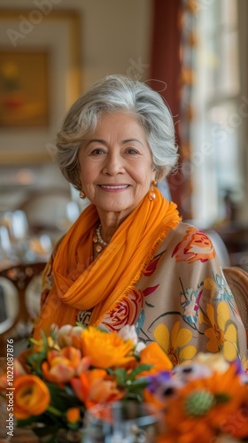 A woman smiles warmly while wearing a patterned shawl and a necklace. AI. photo