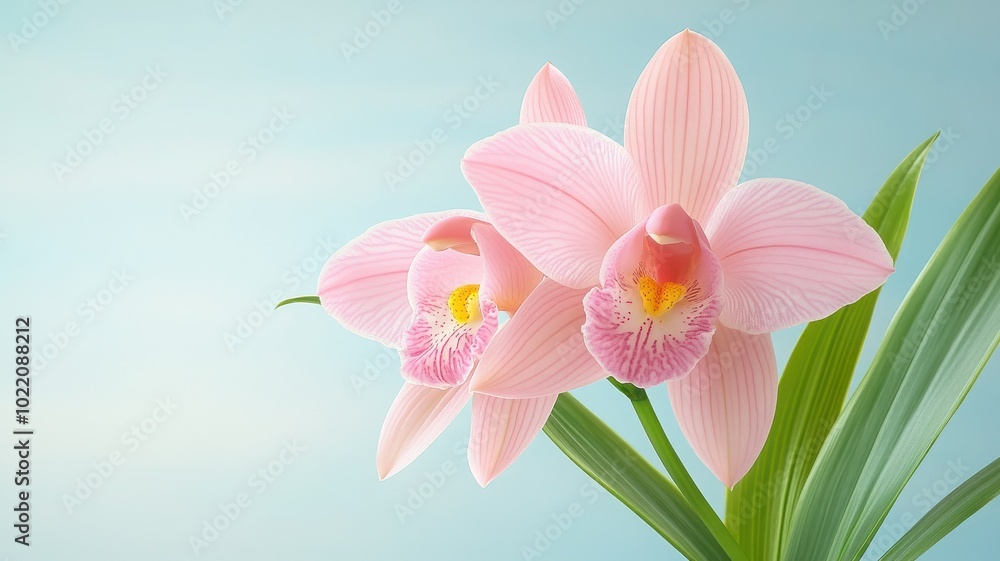 Naklejka premium Beautiful pink orchids against a soft blue background, symbolizing elegance and grace in nature's vibrant palette.