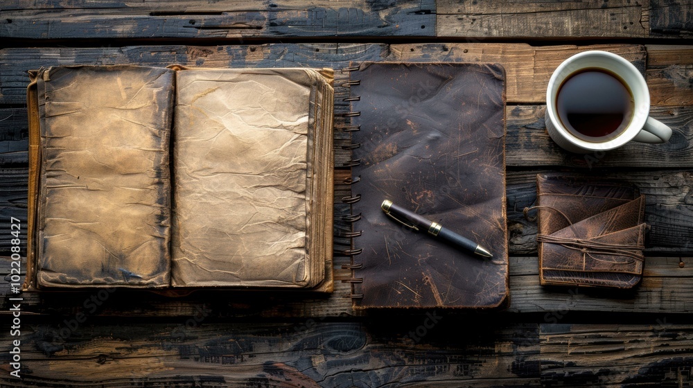 An old book, a notebook, a pen, and a cup of coffee on a wooden table. AI. An old book, a notebook, a pen, and a cup of coffee on a wooden table. AI.