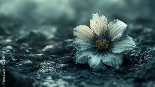 A single white flower, covered in ash, sits on the scorched earth.