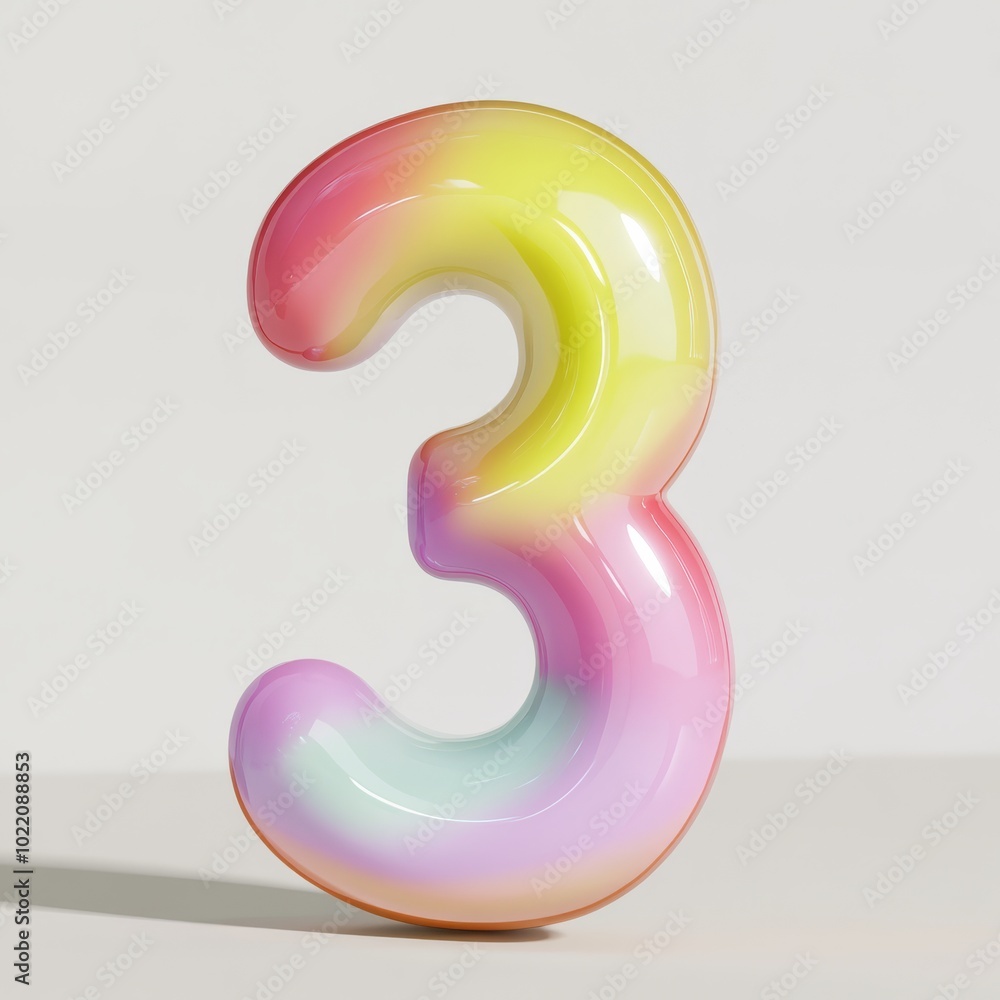 A playful 3D front view of the number 3 with smooth rounded edges and bright pastel colors, evoking fun and learning, perfect for children's educational tools. A playful 3D front view of the number 3 with smooth rounded edges and bright pastel colors, evoking fun and learning, perfect for children's educational tools.